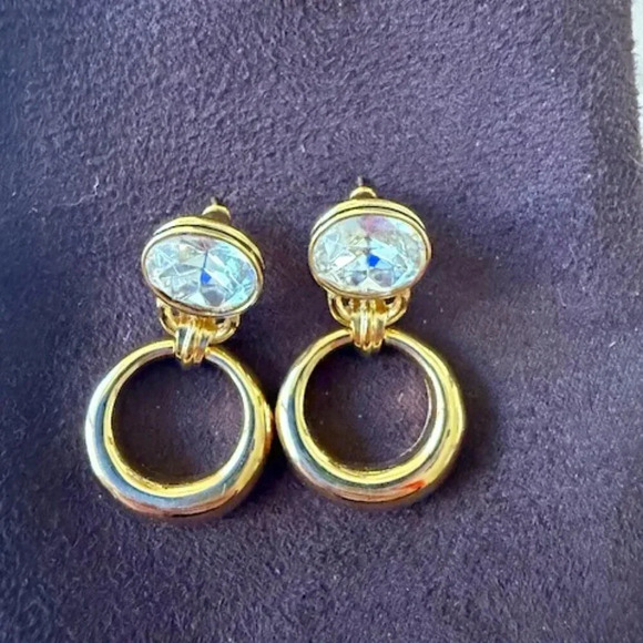 Vintage GIVENCHY Gold Tone Rhinestone Door Knocker Dangle Pierced Earrings 80’s - Picture 1 of 3